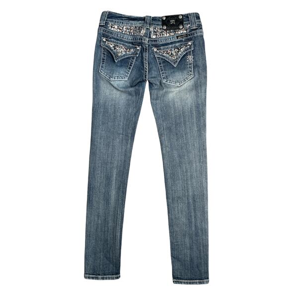 Miss Me Y2K Skinny Embellished Medium Wash Saddle Stitch Low Rise Jeans Size 27 - Picture 3 of 9